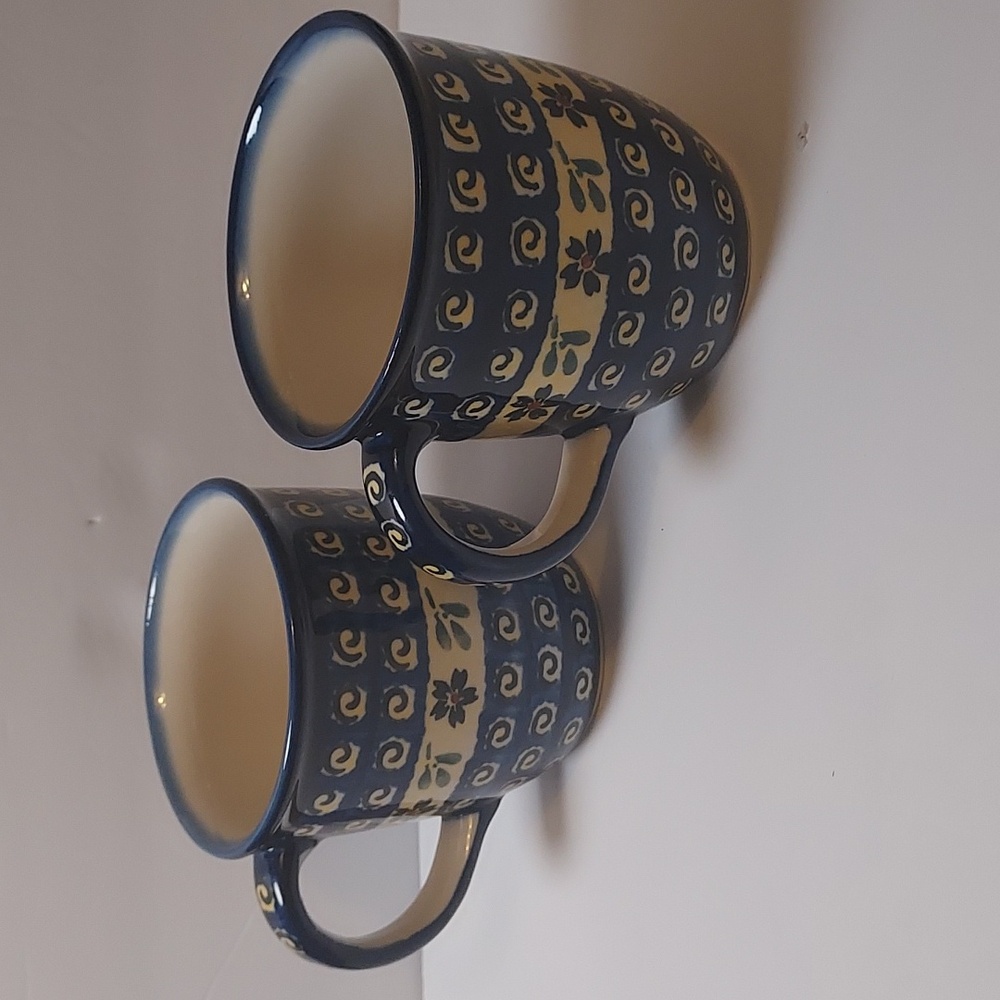 Boleslawiec Polish Pottery Mug SET OF 2 Blue Cream Unikat hand painted mugs